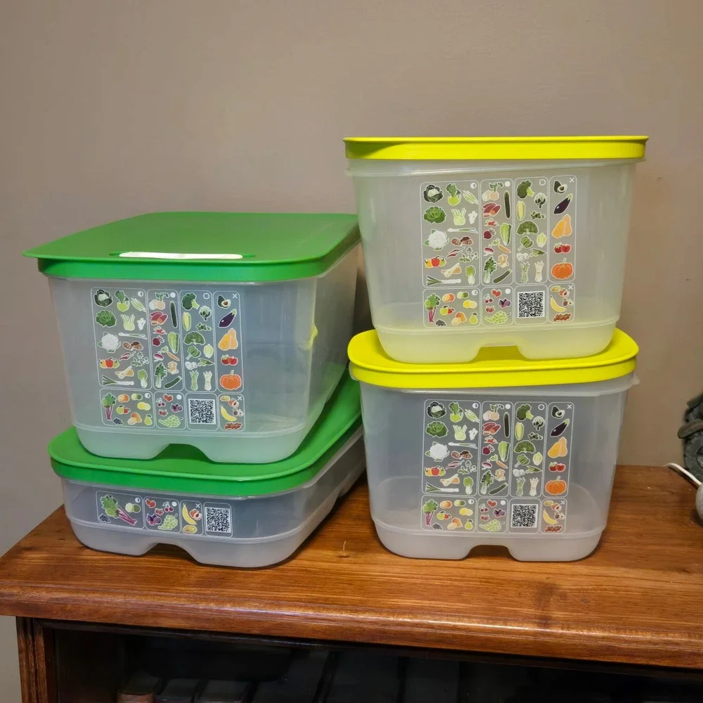 Tupperware Fridgesmart 4 Piece Set Green Yellow Vented Produce Containers Clear